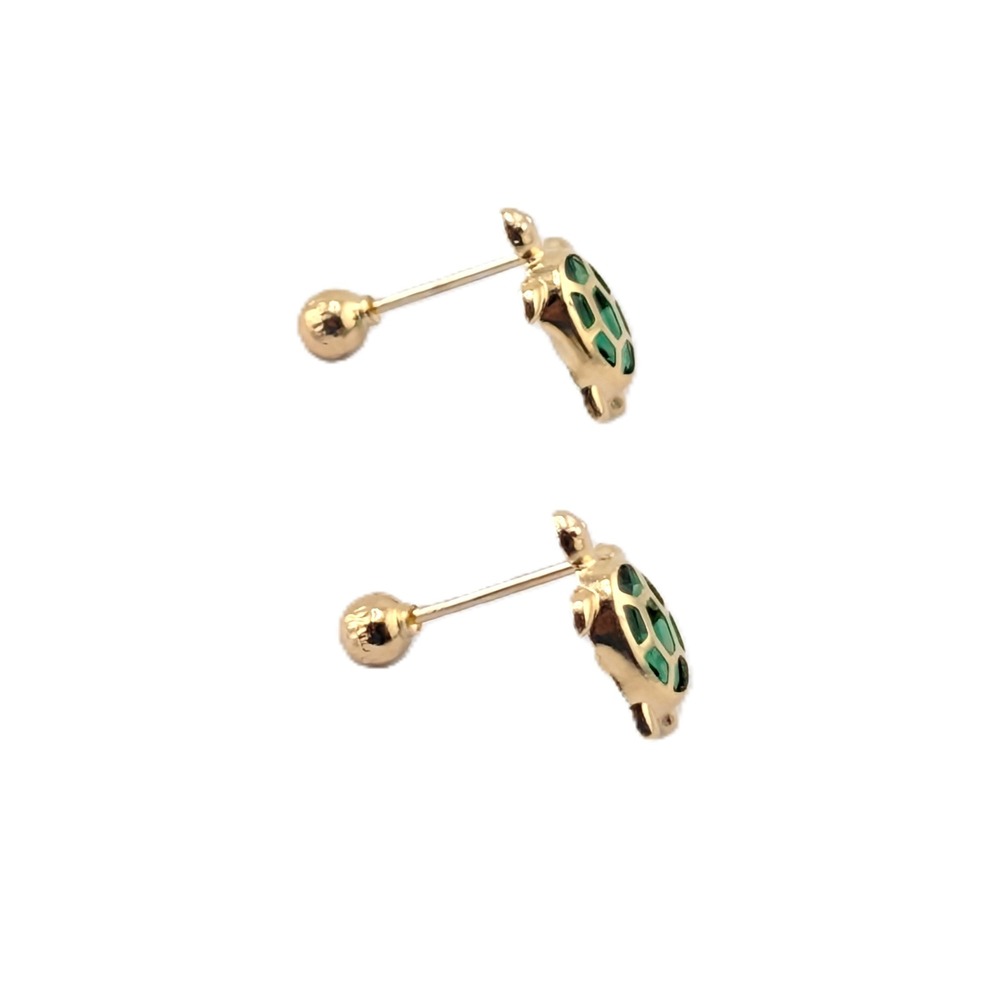 14K Yellow Gold Turtle Stud Earrings Green Cubic Zirconia Jewelry - Picture 5 of 8